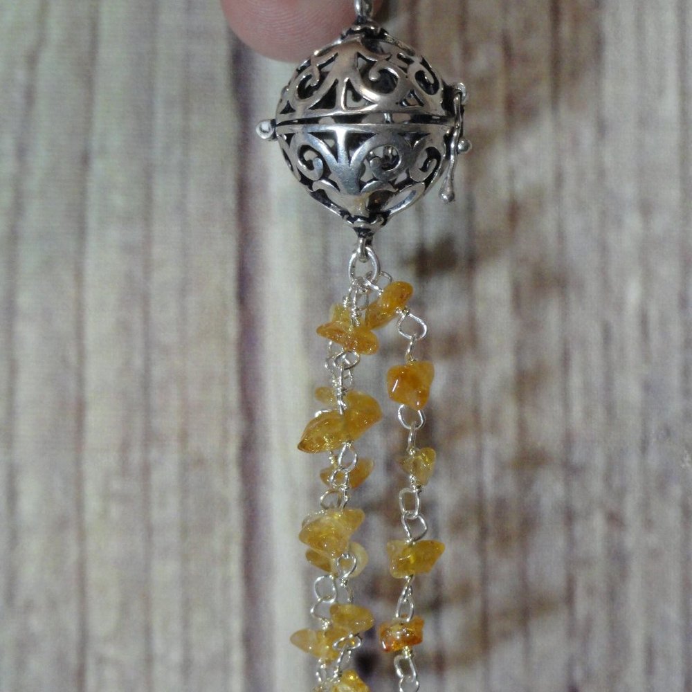 Wishing ball pendant W/3 string Citrne crystal chips~ball opens~Metal~Re…